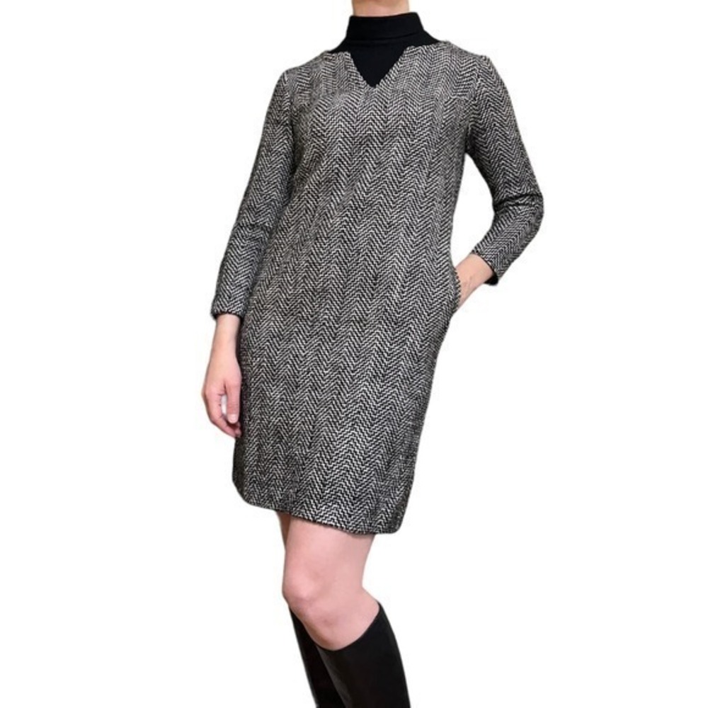 Vintage Turtleneck Tweed Mod Shift Mini Dress with Pockets
